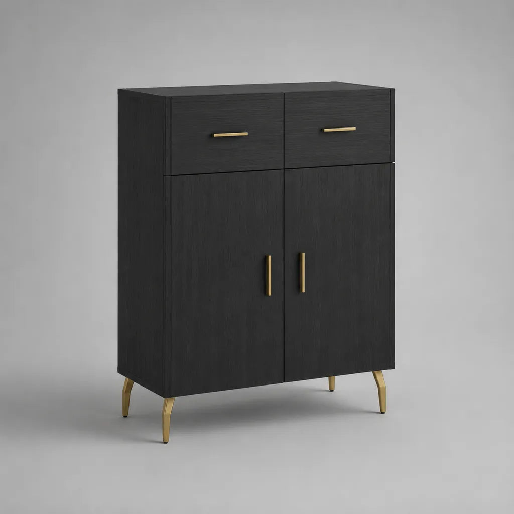 Elevata credibilità rettangolare in lamiera nera e metallo dorato con 2 porte e 2 cassetti, 80 × 40 × 120 cm