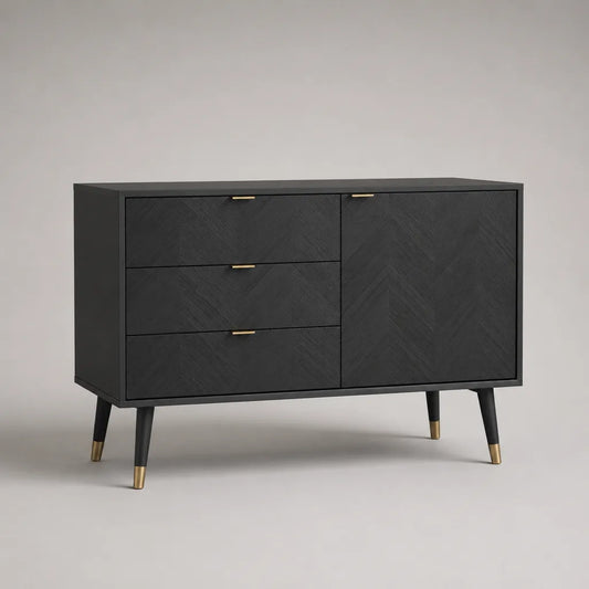 Credenza rettangolare MDF nera con 3 cassetti e 1 maniglia, 120 × 40 × 80 cm
