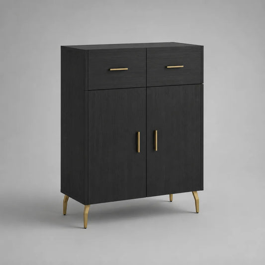 Elevata credibilità rettangolare in lamiera nera e metallo dorato con 2 porte e 2 cassetti, 80 × 40 × 120 cm