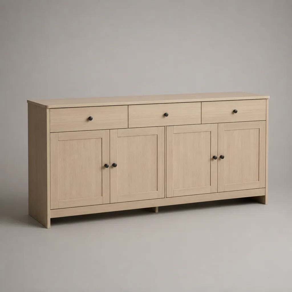 Credenza in legno con 4 porte e 3 cassetti, rovere chiaro e nero, 160 × 40 × 85 cm