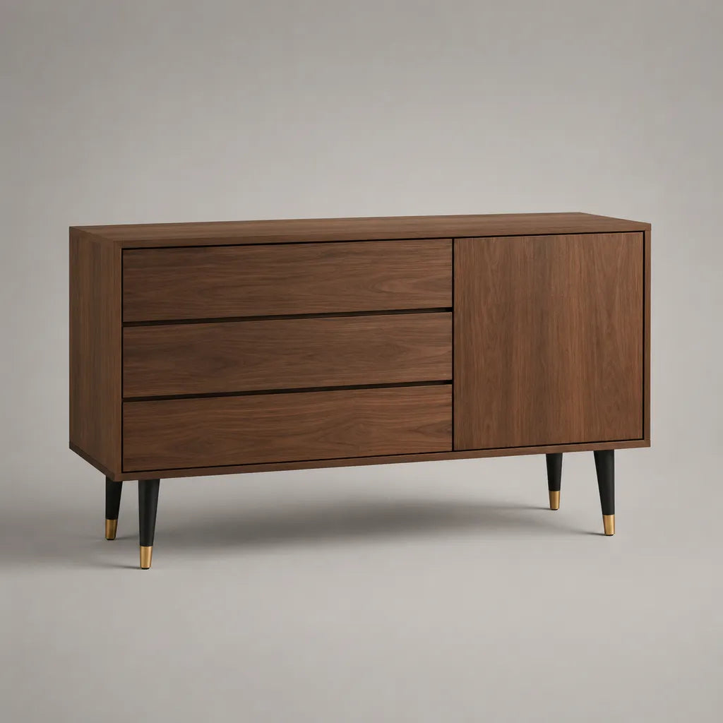 Credo rettangolare in noce marrone impiallacciato MDF con 3 cassetti e 1 manico, 120 × 40 × 75 cm