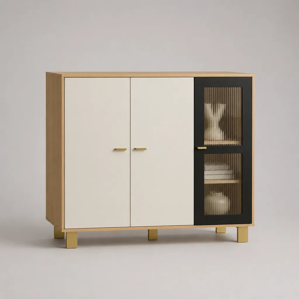 Elevata credibilità rettangolare a 3 porte in pannelli in melamina e vetro scanalato, rovere naturale, avorio e nero, 120 × 40 × 105 cm