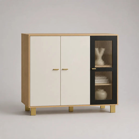 Elevata credibilità rettangolare a 3 porte in pannelli in melamina e vetro scanalato, rovere naturale, avorio e nero, 120 × 40 × 105 cm