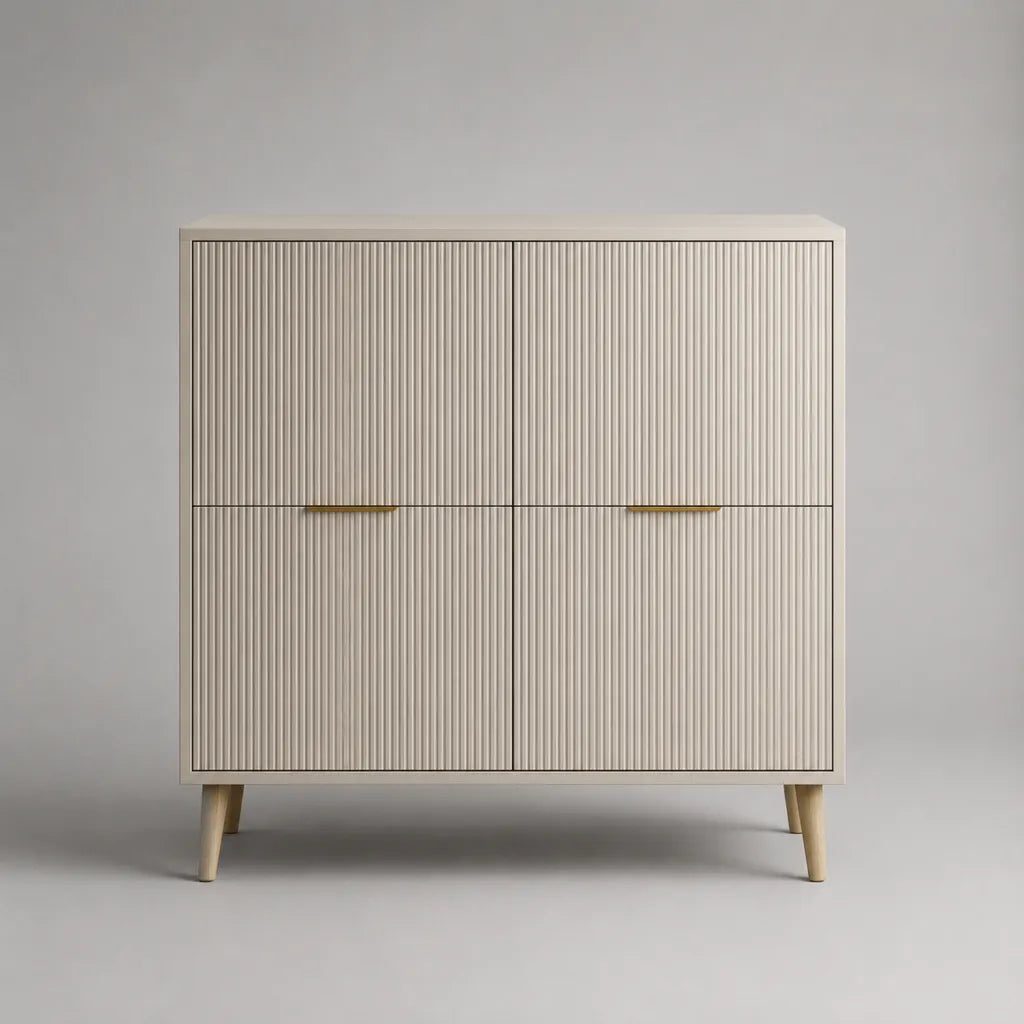 Elevata credenza rettangolare a 4 porte in MDF a scanalatura beige, 100 × 40 × 115 cm