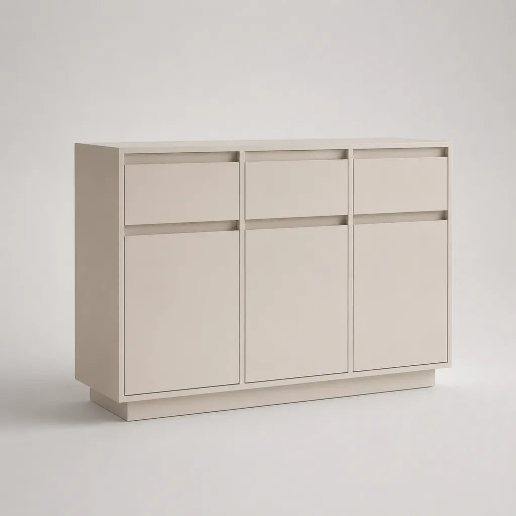 Credenza rettangolare con 3 porte e 3 cassetti in agglomerato in melamina beige chiaro, 120 × 40 × 90 cm