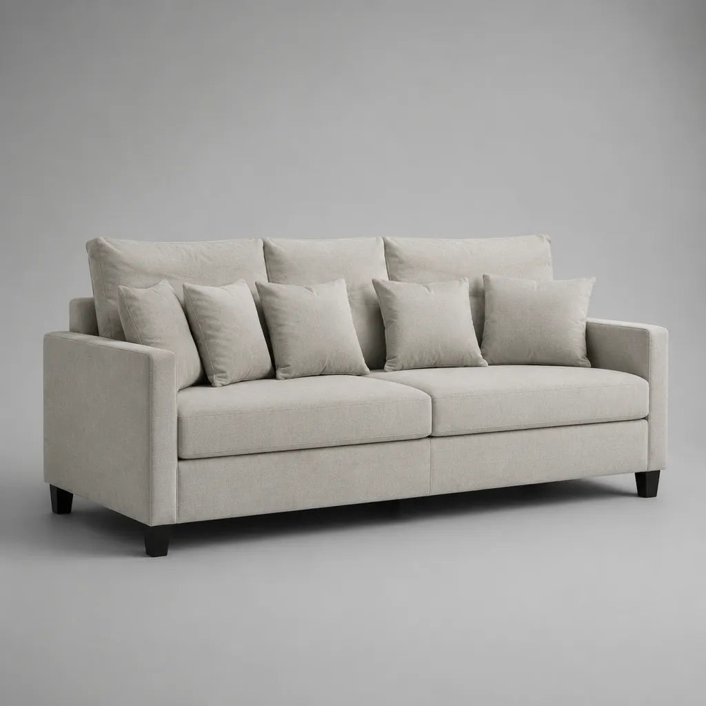 Divano a 3 posti in tessuto beige chiaro con piedini in legno nero, 220 × 90 × 85 cm