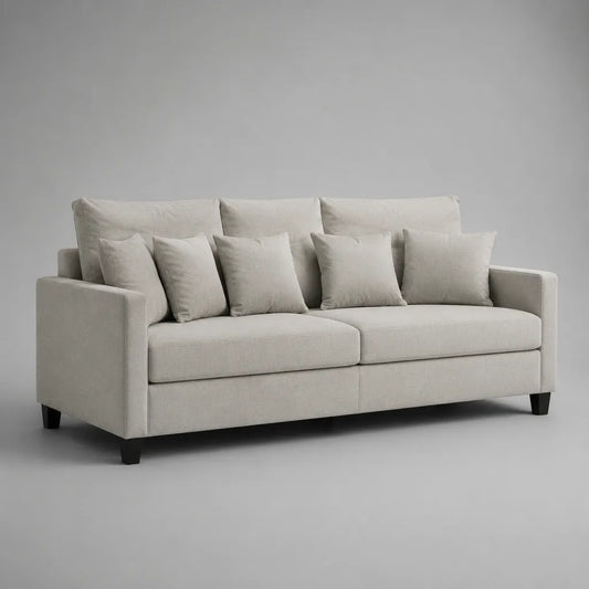 Divano a 3 posti in tessuto beige chiaro con piedini in legno nero, 220 × 90 × 85 cm