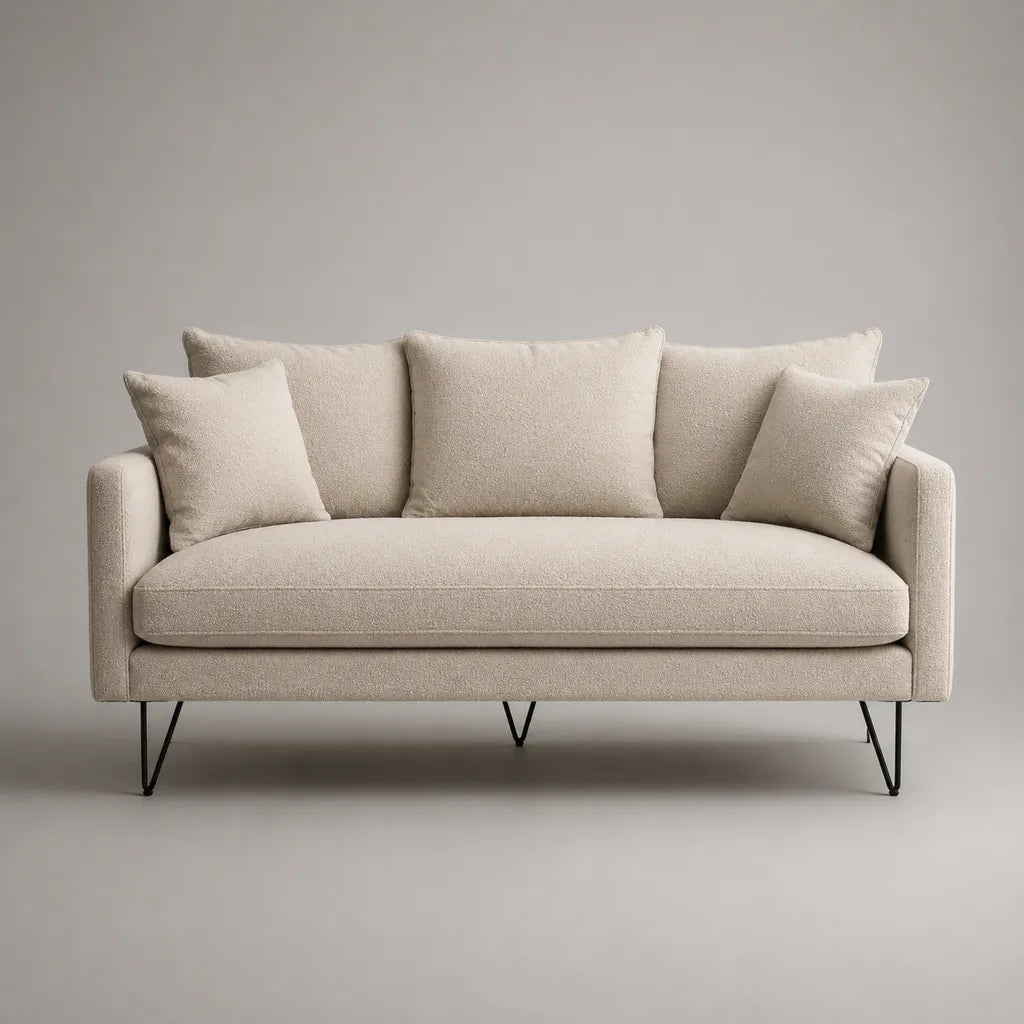 Divano 2 posti a sedere in tessuto spugna avorio e metallo nero, 180 × 82 × 86 cm