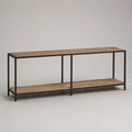 Consolle rettangolare con 2 ripiani in tavoletta melamina e telaio in acciaio nero, effetto rovere marrone, 180 × 35 × 76 cm