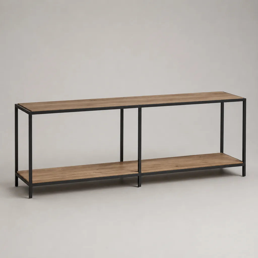 Consolle rettangolare con 2 ripiani in tavoletta melamina e telaio in acciaio nero, effetto rovere marrone, 180 × 35 × 76 cm