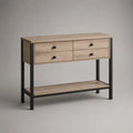Console rettangolare in legno e metallo con 4 cassetti e ripiano, rovere naturale e nero, 100 × 35 × 80 cm