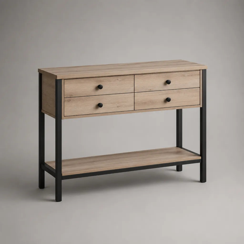 Console rettangolare in legno e metallo con 4 cassetti e ripiano, rovere naturale e nero, 100 × 35 × 80 cm