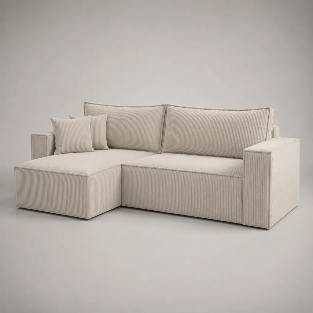 Divano angolo sinistro 3 posti in velluto a costine, 2 moduli con meridiano, crema, 225 × 150 × 85 cm