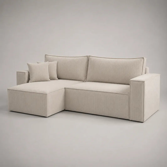 Divano angolo sinistro 3 posti in velluto a costine, 2 moduli con meridiano, crema, 225 × 150 × 85 cm
