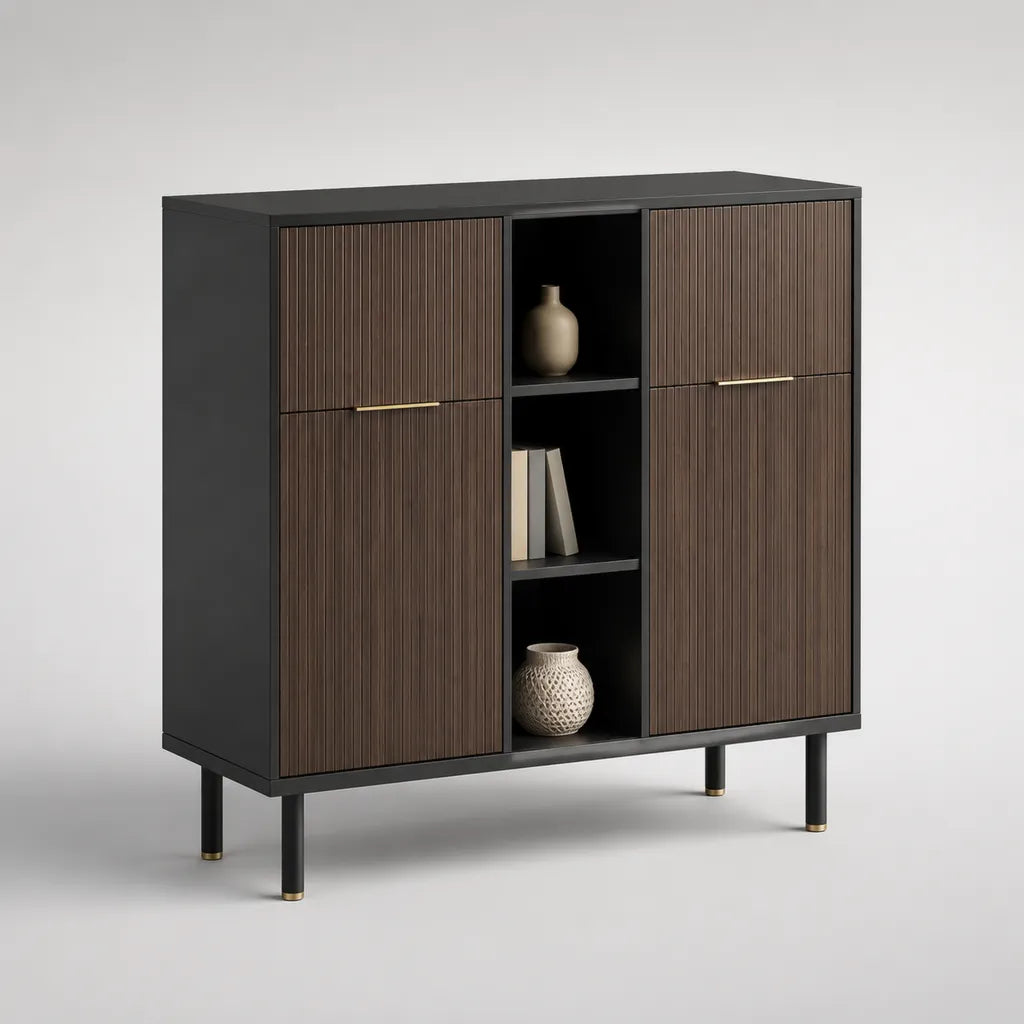 Elevata credibilità rettangolare con 4 porte e 3 vani, legno e metallo, noce nero e marrone, 120 × 40 × 130 cm