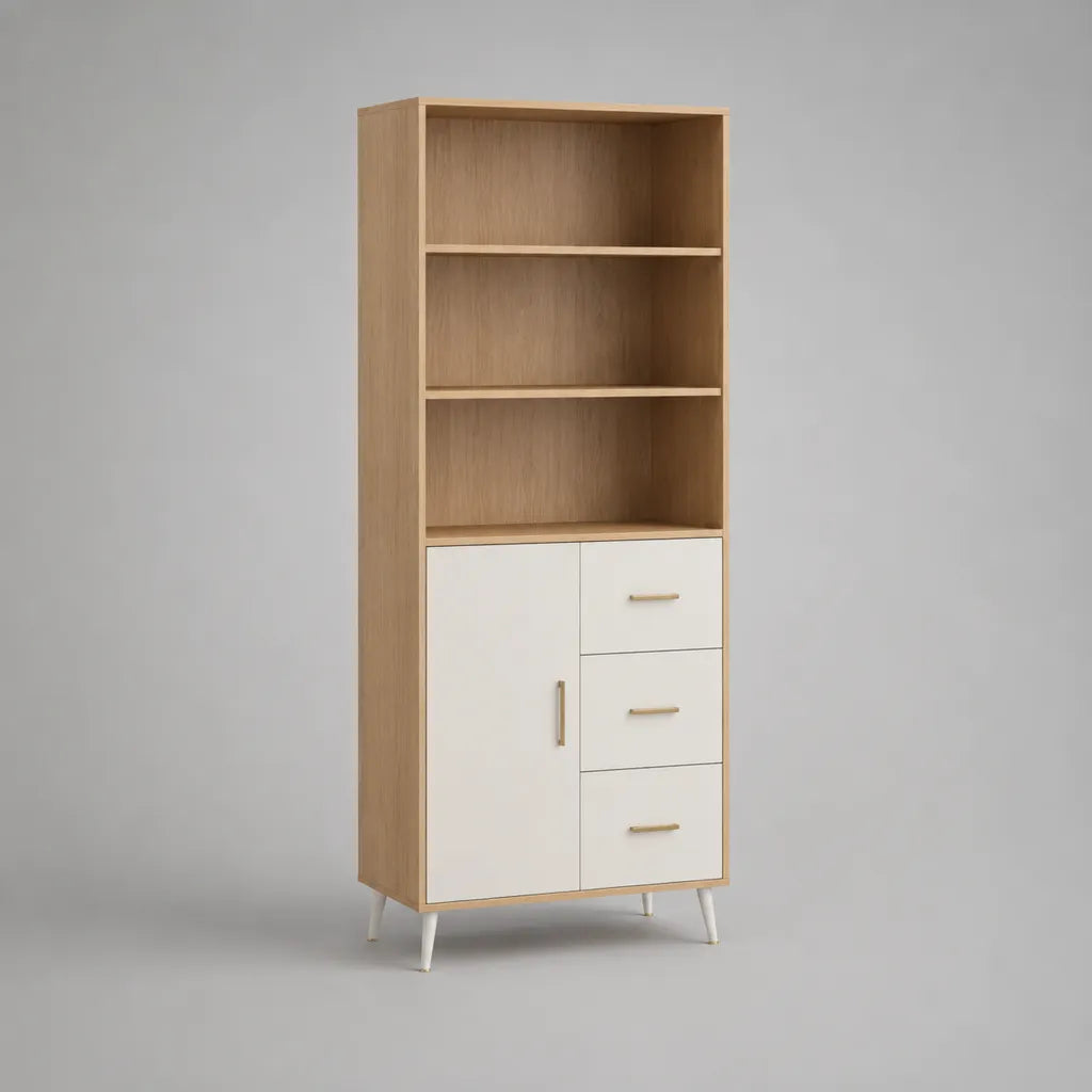 Elevata credibilità con libreria, 3 cassetti e 1 maniglia in legno, metallo e plastica, rovere leggero, bianco e oro, 80 × 35 × 180 cm