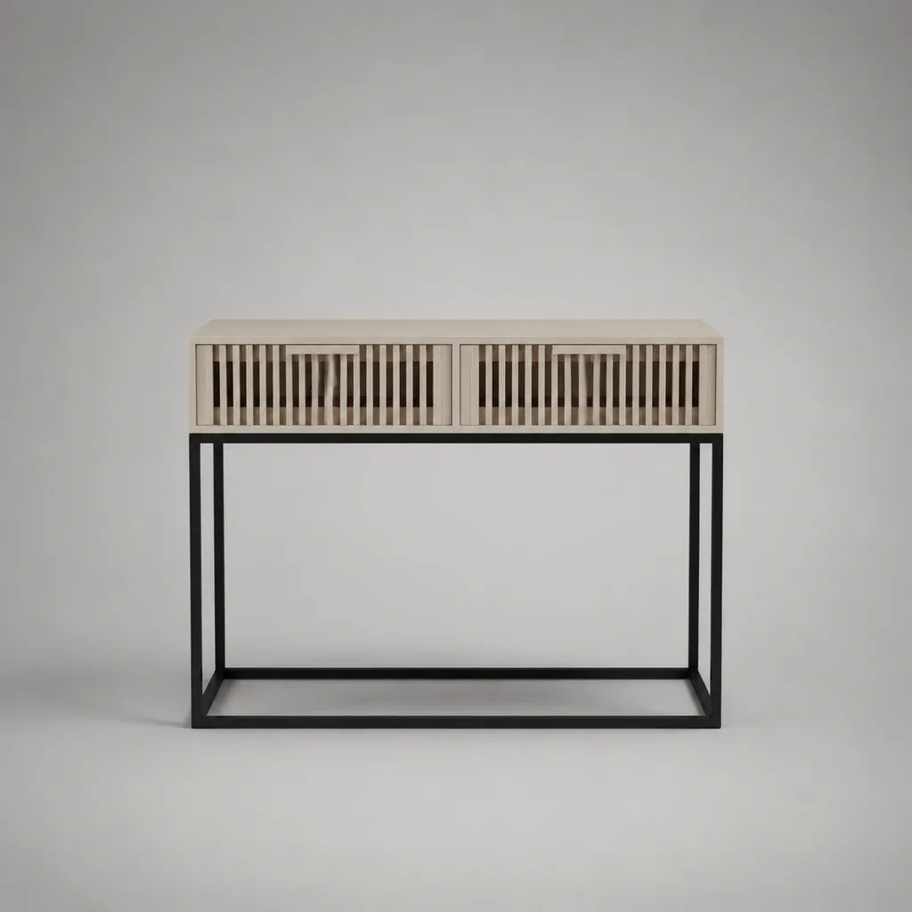 Console rettangolare in legno e metallo con 2 cassetti, beige e nero, 100 × 35 × 80 cm