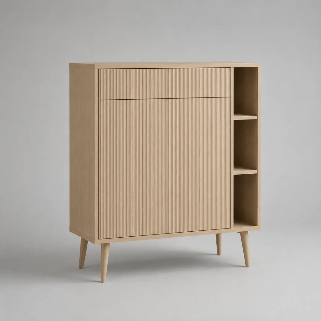 Legno rettangolare alto e MDF, rovere naturale, 2 porte, 2 cassetti e 3 scomparti, 120 × 40 × 140 cm