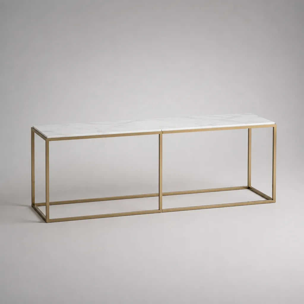 Set di 2 console rettangolare in pietra sinterizzata bianca e acciaio oro, dimensioni totali 200 × 35 × 75 cm