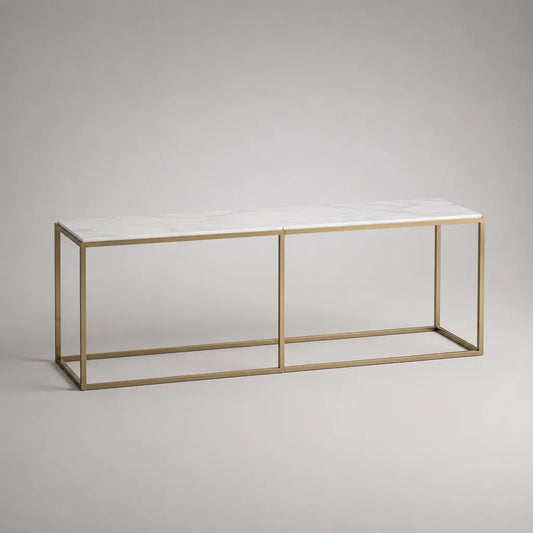 Set di 2 console rettangolare in pietra sinterizzata bianca e acciaio oro, dimensioni totali 200 × 35 × 75 cm